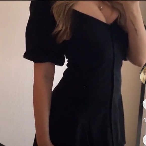 Zara Size S Sweetheart Neckline Puff Sleeve Linen Black Mini Dress 4661/308 - Picture 4 of 9